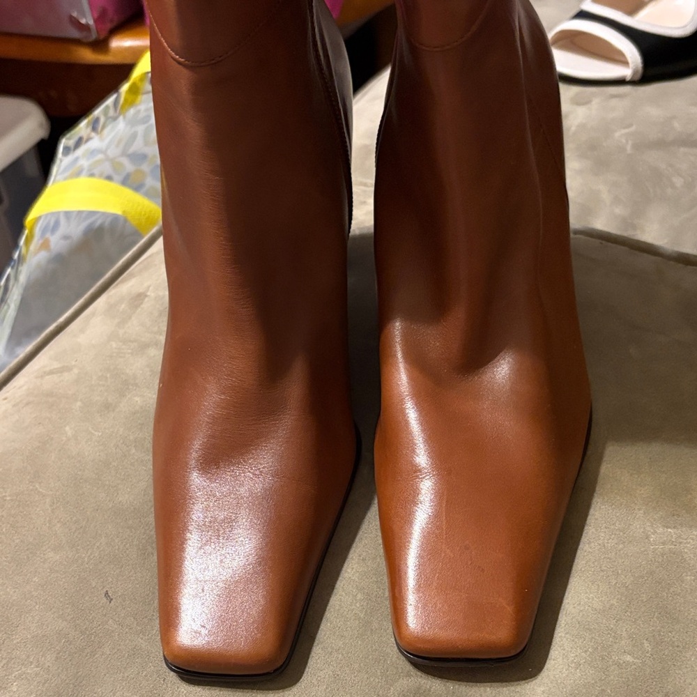 Anne Klein Cognac Leather Square-Toe Ankle Boots